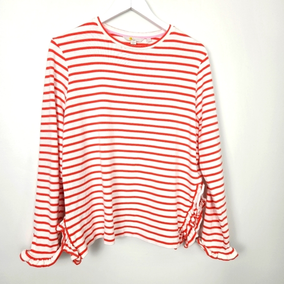 Boden 100% Cotton Orange White Striped Long Sleeve Ruffle Trim Pullover Sweater - Picture 1 of 9